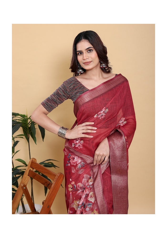 Malishka Export Rich Maroon Floral Print Saree for Women - Image 5